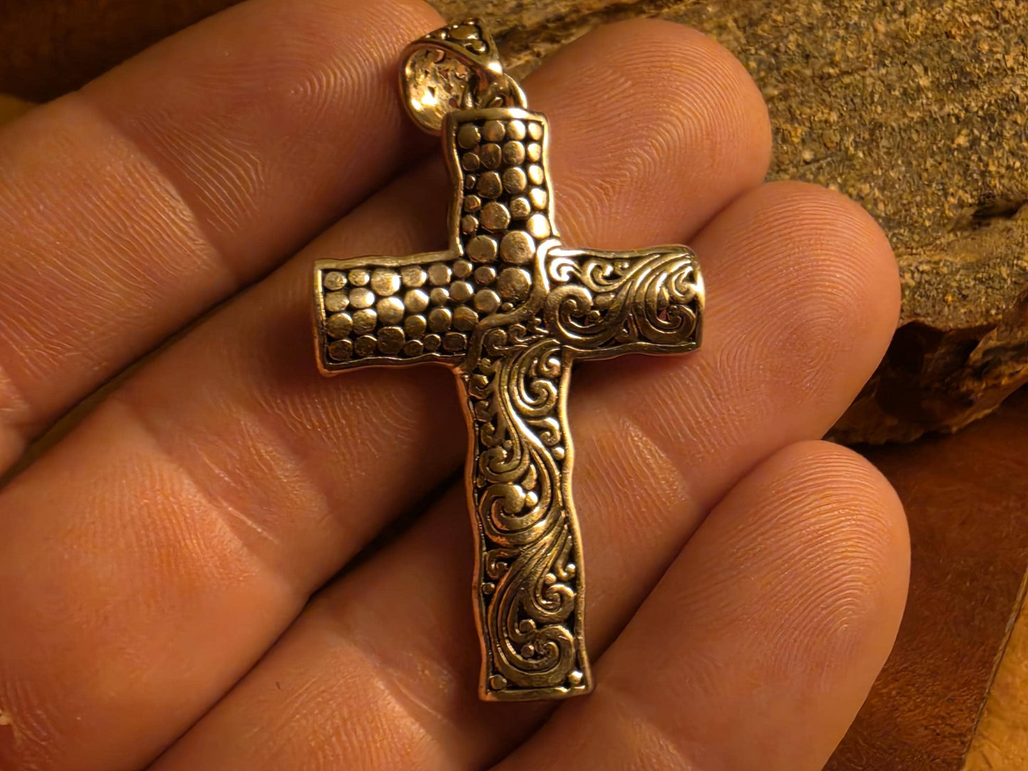 925 Sterling Silver Large Cross Pendant | Mixed Texture Bali Style | Raised Dot & Scroll Design | 6 Grams | Mens Womens Religious Jewelry