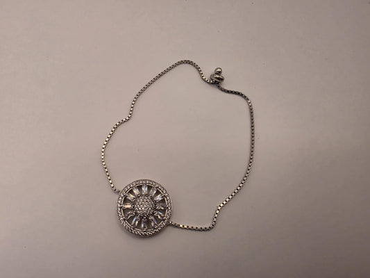 Sterling Silver Adjustable Box Chain Bracelet — Sunburst Baguette CZ Wheel Charm 925