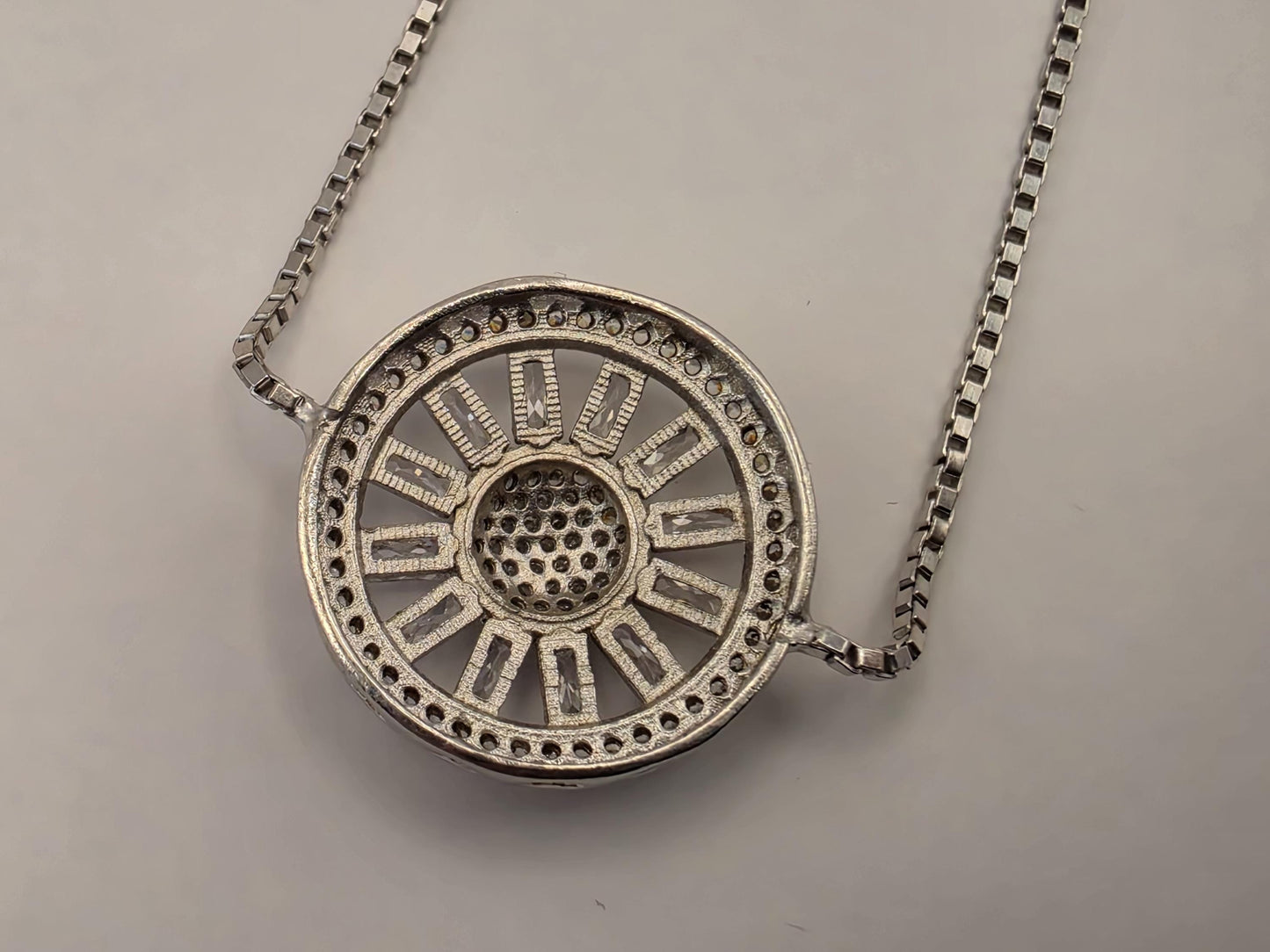 Sterling Silver Adjustable Box Chain Bracelet — Sunburst Baguette CZ Wheel Charm 925