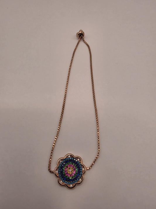 Rose Gold Plated Adjustable Mandala Bracelet | 9 Inch Sliding Box Chain with Flower CZ Pendant | Boho Bracelet