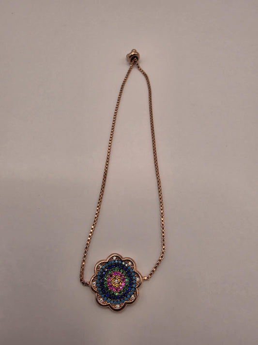 Rose Gold Plated Adjustable Mandala Bracelet | 9 Inch Sliding Box Chain with Flower CZ Pendant | Boho Bracelet