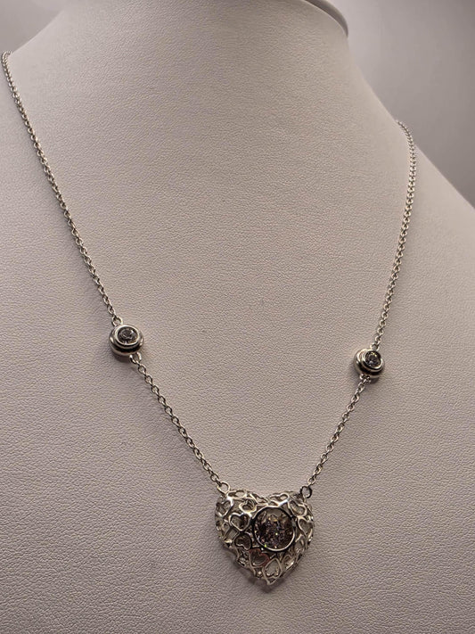 Sterling Silver Filigree Heart Pendant Necklace | 925 Silver CZ | 18 Inch