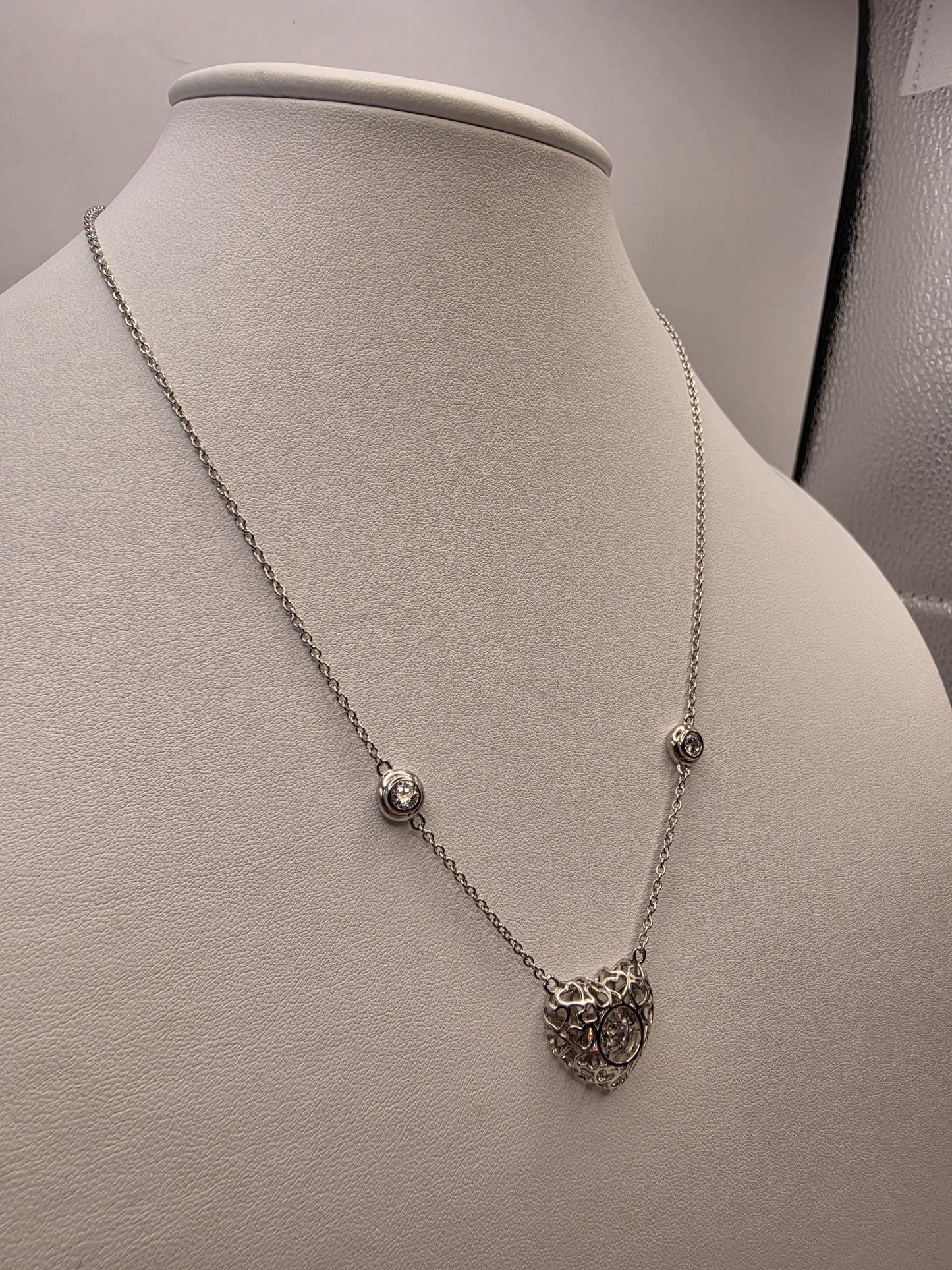 Sterling Silver Filigree Heart Pendant Necklace | 925 Silver CZ | 18 Inch