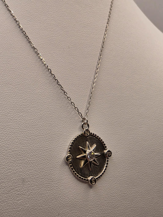 Sterling Silver Compass Star Pendant Necklace | 925 Silver | 17 Inch