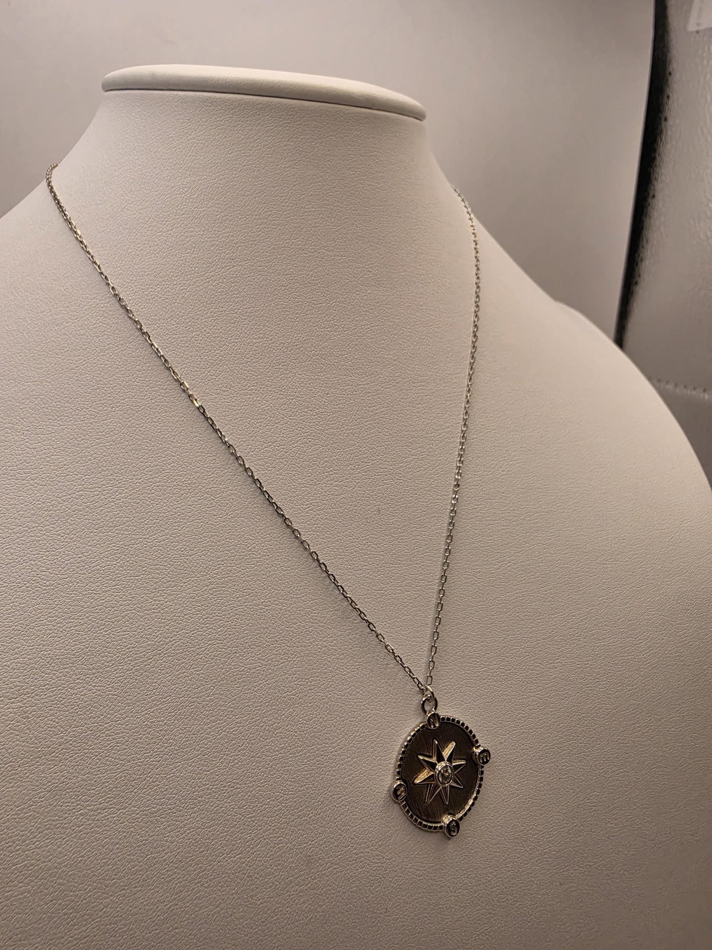 Sterling Silver Compass Star Pendant Necklace | 925 Silver | 17 Inch