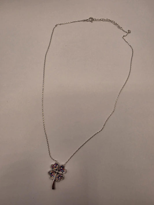 Sterling Silver Four Leaf Clover Necklace | 925 Silver CZ Pendant | 18 Inch
