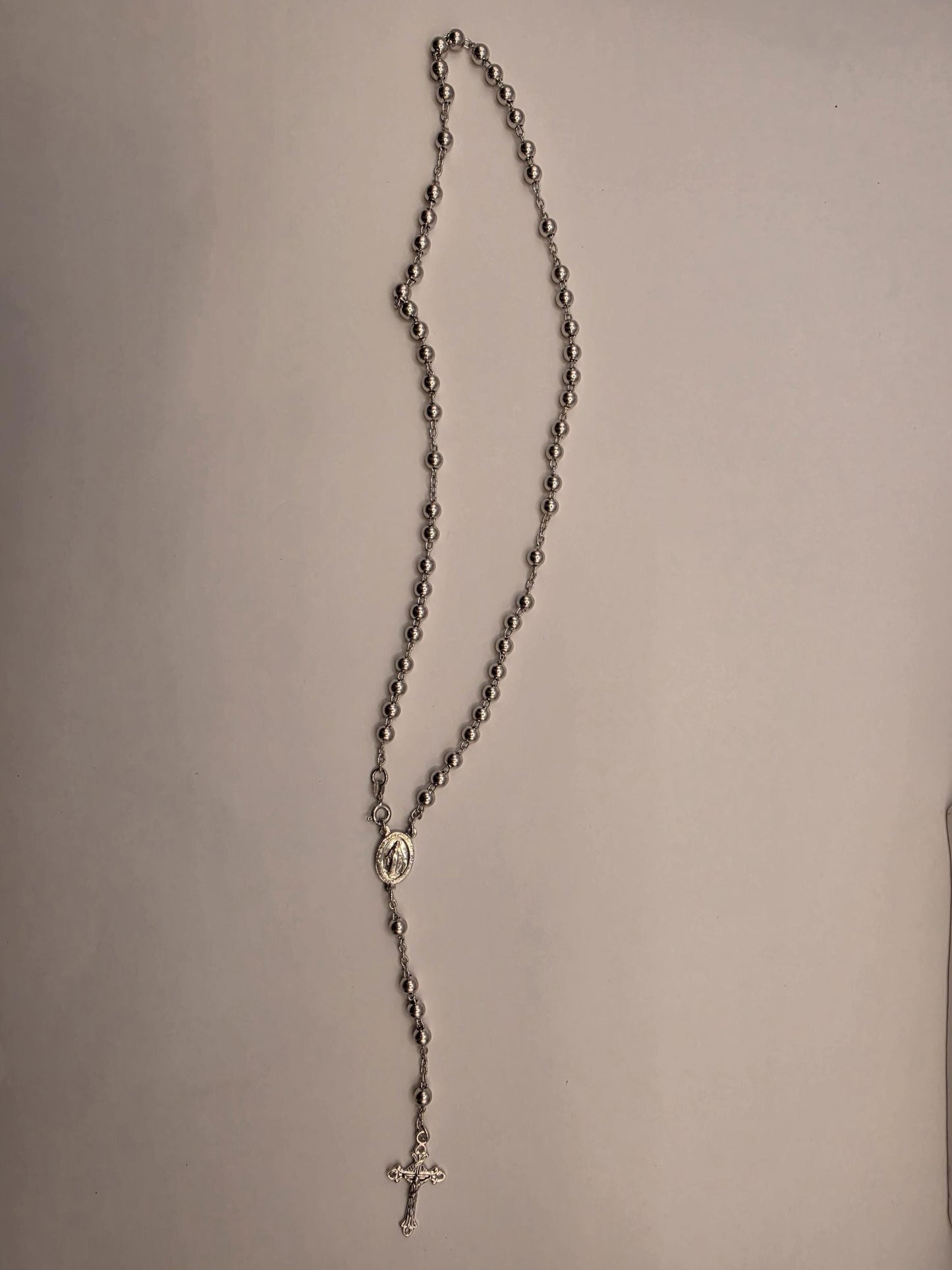 Sterling Silver Rosary Style Necklace | 925 Silver Bead Chain with Cross