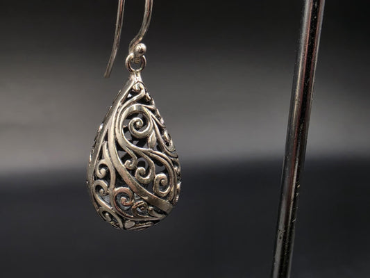 Sterling Silver Filigree Scroll Teardrop Dangle Earrings 1 Inch