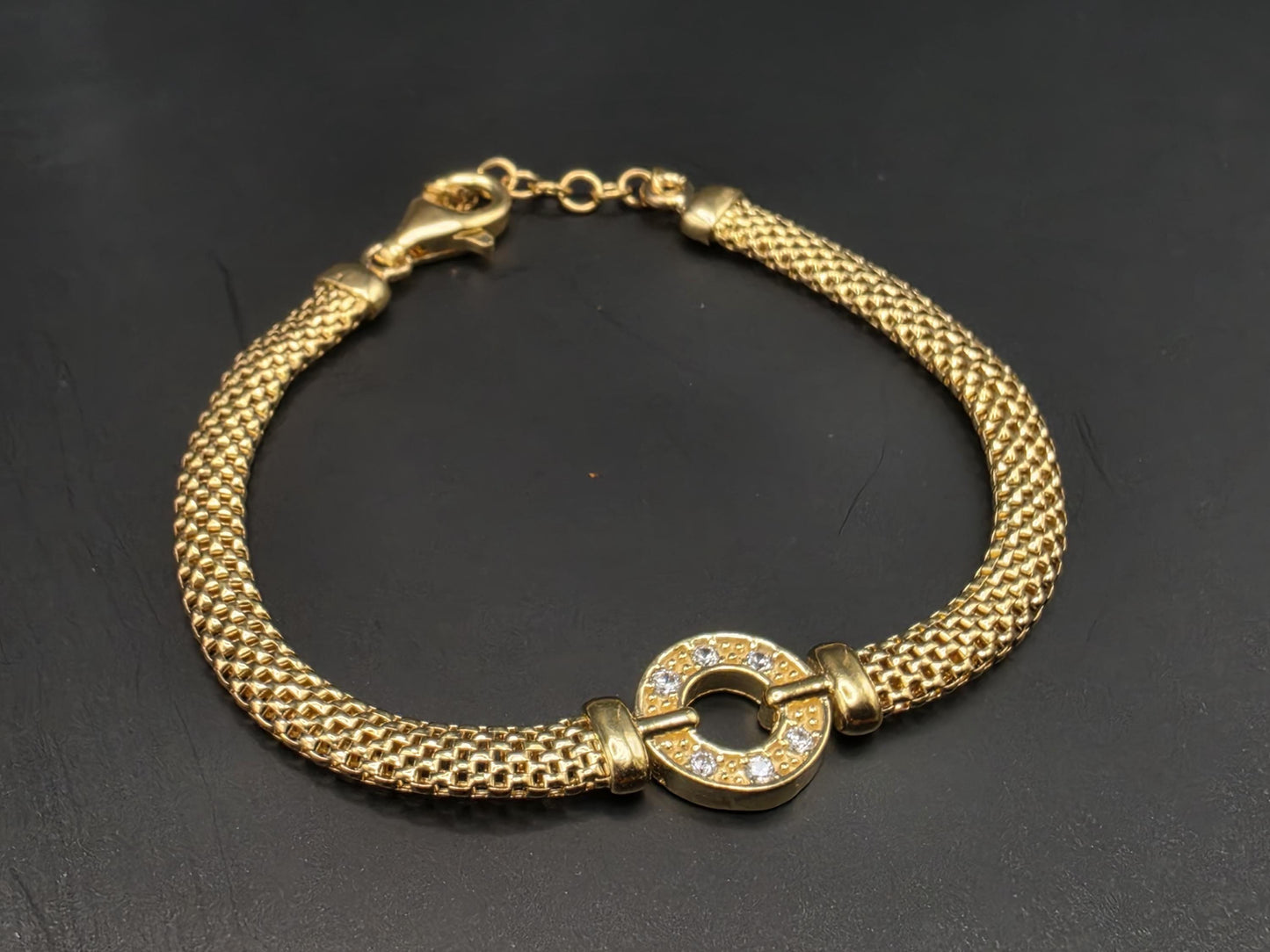 Gold Plated Sterling Silver Mesh Bracelet with CZ Circle Centerpiece 8 Inch
