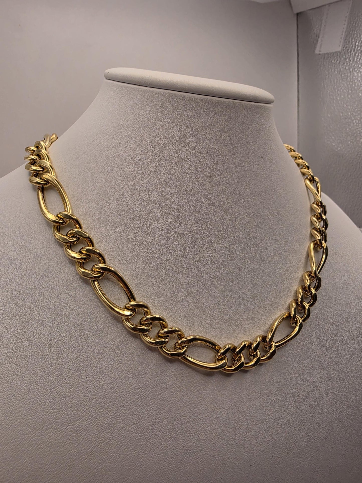 Gold Plated Sterling Silver 10mm Figaro Chain Necklace 14-17 Inch Adjustable