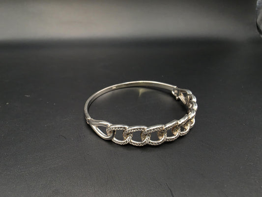 Sterling Silver Bangle Bracelet with Pave CZ Chain | 925 Silver Hinged Bangle 7 Inch
