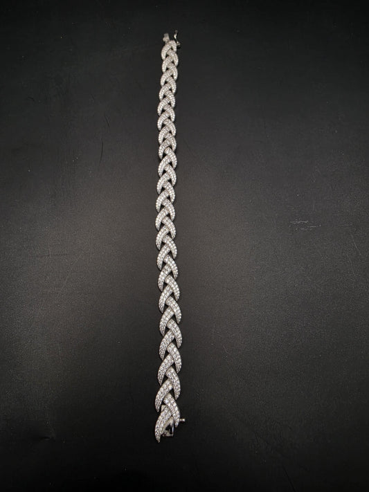 Sterling Silver Pave CZ Wheat Link Bracelet | 925 Silver Iced Out Bracelet 7 Inch