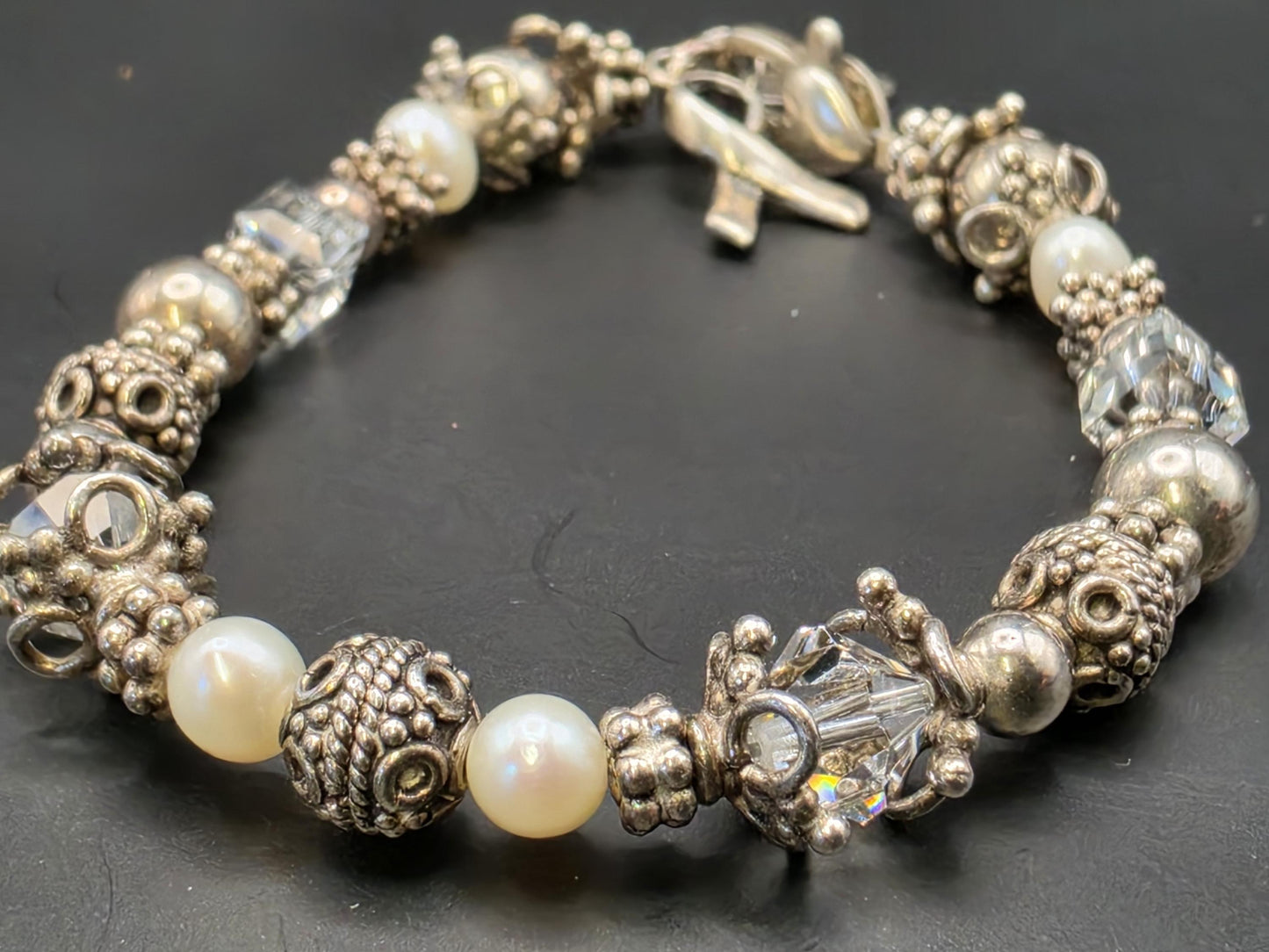 Sterling Silver Mixed Bead Charm Bracelet | 925 Silver Pearl Crystal Bead Bracelet 7.25 Inch