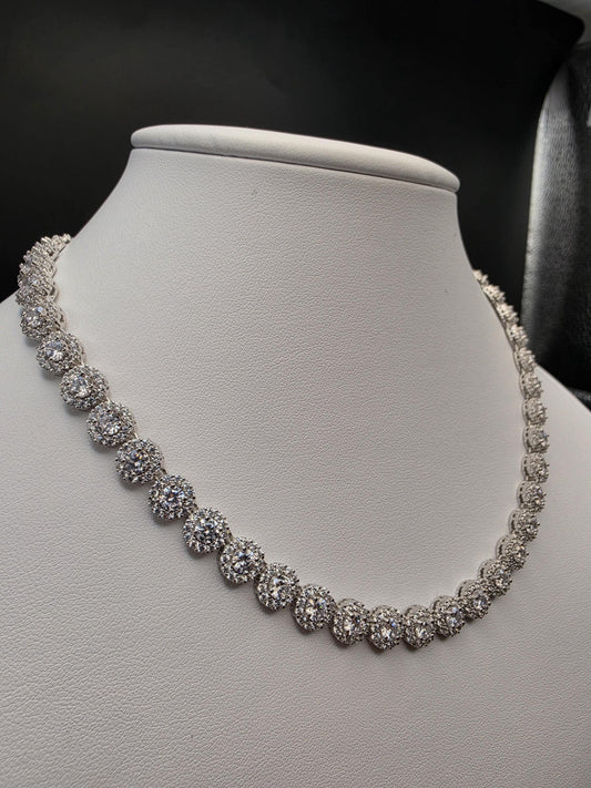 Sterling Silver Pave CZ Halo Tennis Necklace | 925 Silver 16 Inch .25 Inch Wide