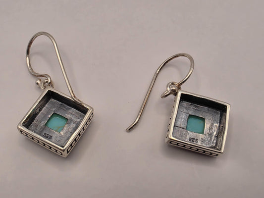 Sterling Silver Square Turquoise Dangle Earrings | 925 Silver Bead Frame Earrings 12mm
