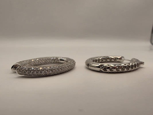 Sterling Silver Pave CZ Hoop Earrings | 925 Silver Iced Out Oval Hoops 34mm