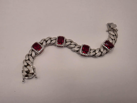 Sterling Silver Cuban Link Red CZ Bracelet | 925 Silver Iced Out Statement Bracelet 9 Inch