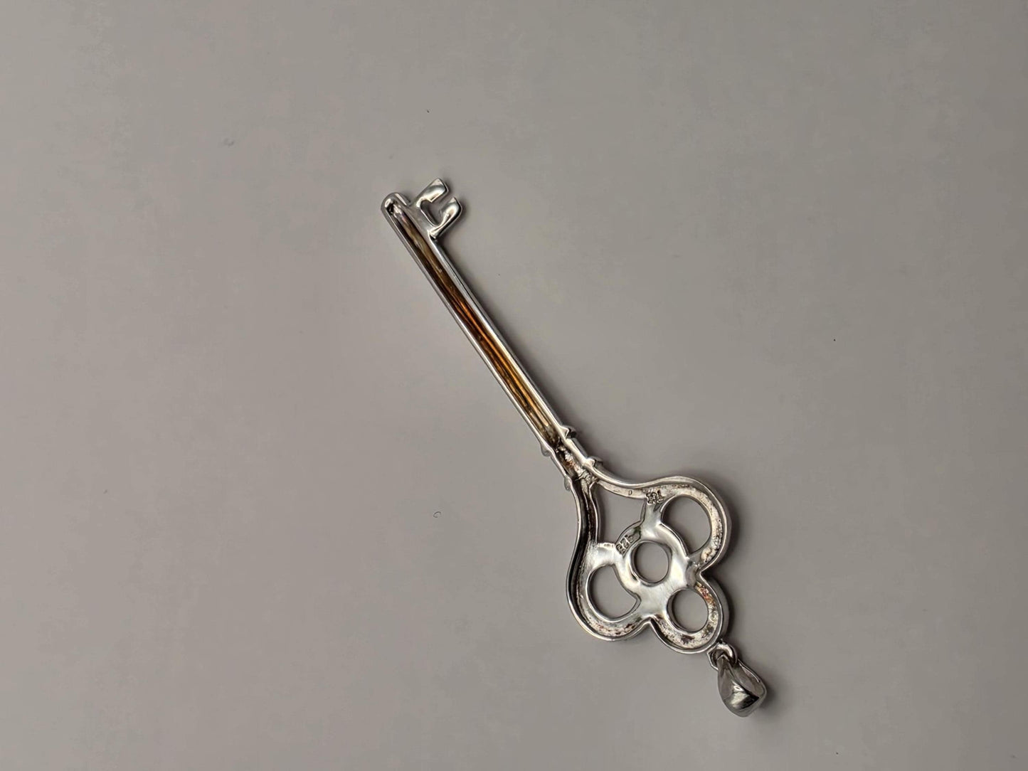 Sterling Silver Skeleton Key Pendant, Clover Bow Vintage Style 925