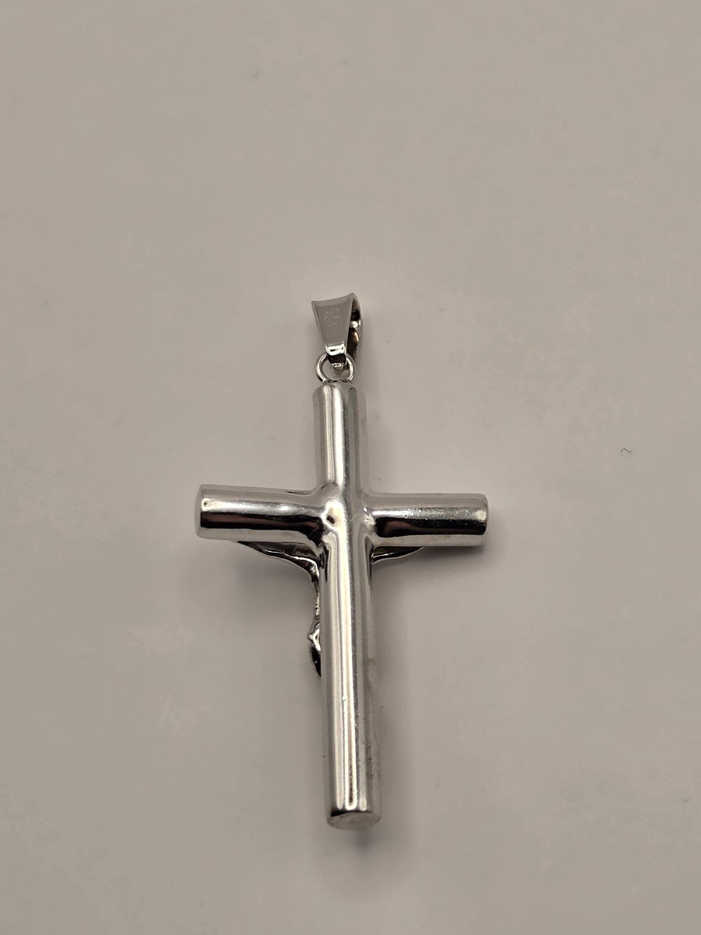 Sterling Silver Tube Crucifix Pendant, Round Bar Cross with Corpus 925