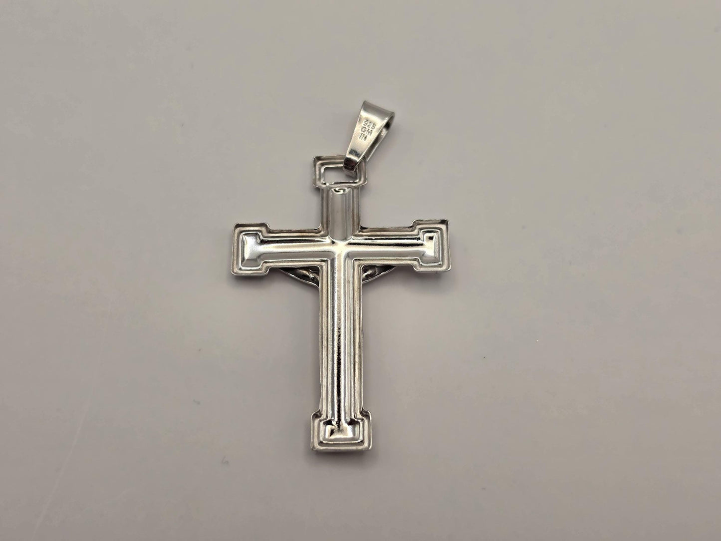 Sterling Silver Crucifix Pendant, Stepped Edge Cross with Corpus 925