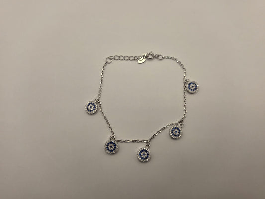 Sterling Silver Evil Eye Charm Bracelet, Five Station Dangle Chain 925