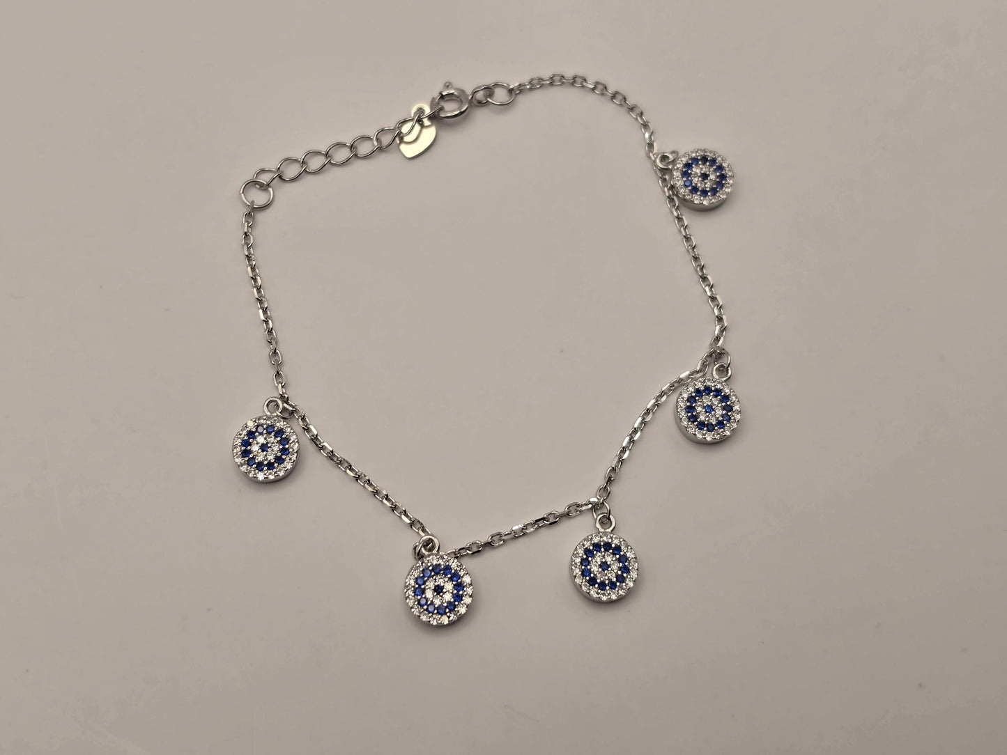Sterling Silver Evil Eye Charm Bracelet, Five Station Dangle Chain 925