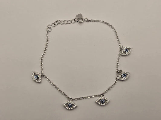 Sterling Silver Evil Eye Charm Bracelet, Marquise CZ Dangle Chain 925