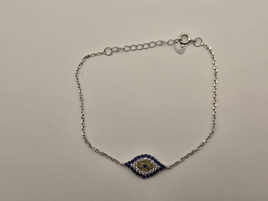 Sterling Silver Evil Eye Chain Bracelet, Blue CZ Pave Delicate Link 925