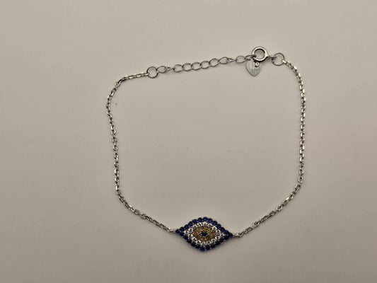 Sterling Silver Evil Eye Chain Bracelet, Blue CZ Pave Delicate Link 925