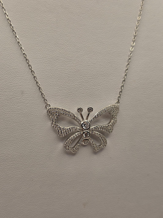 Sterling Silver CZ Butterfly Pendant Necklace, Open Wing Double Chain 925