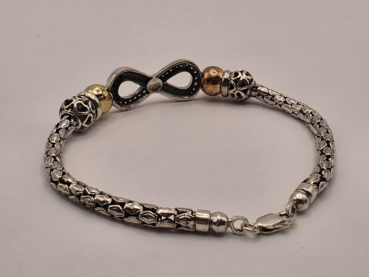 Sterling Silver Snake Chain Bracelet, Infinity Center Mixed Tone Beads 925