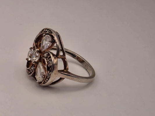 Sterling Silver CZ Floral Scroll Ring, Open Work Pear Cut Statement 925 Size 6