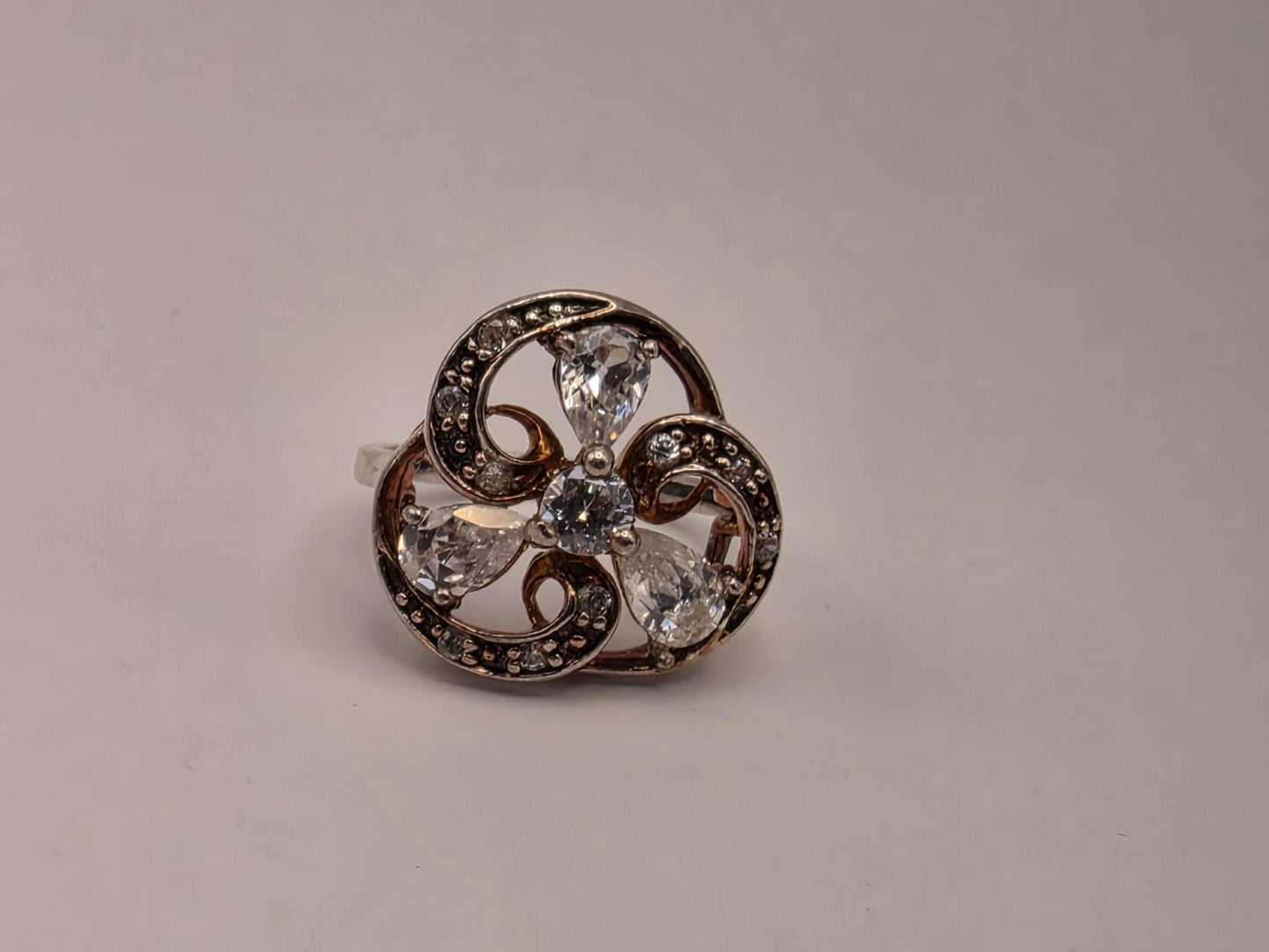 Sterling Silver CZ Floral Scroll Ring, Open Work Pear Cut Statement 925 Size 6