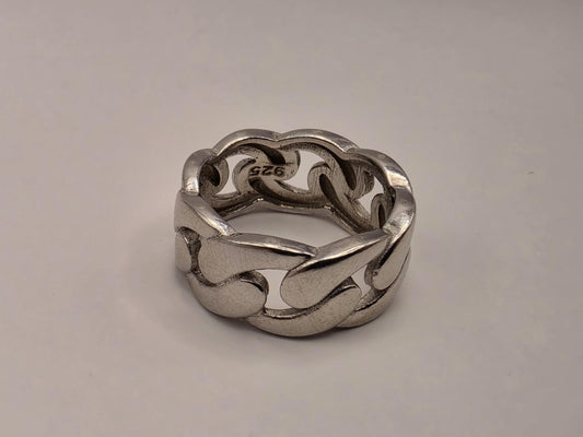 Sterling Silver Cuban Link Band Ring, Wide Polished Chain Style 925 Size 7
