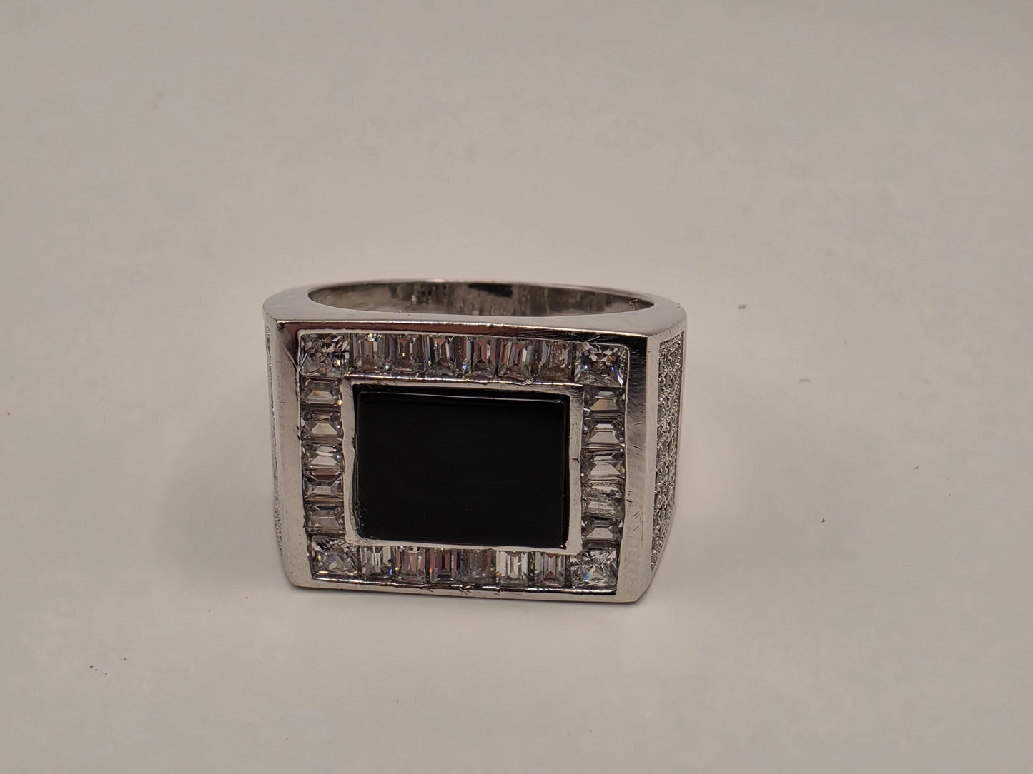 Sterling Silver Black Onyx Signet Ring, Rectangular Face CZ Accent 925 Size 8