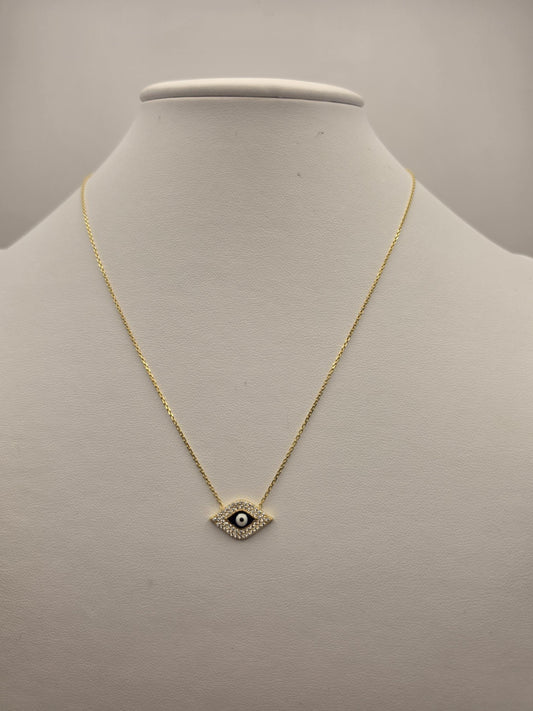 Gold Plated Sterling Silver Evil Eye Necklace, Diamond Shape CZ Pave 17.5 Inch 925