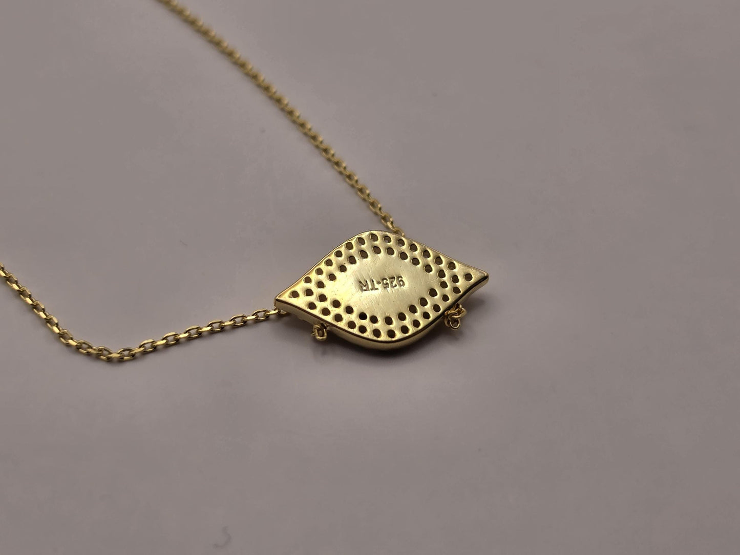 Gold Plated Sterling Silver Evil Eye Necklace, Diamond Shape CZ Pave 17.5 Inch 925