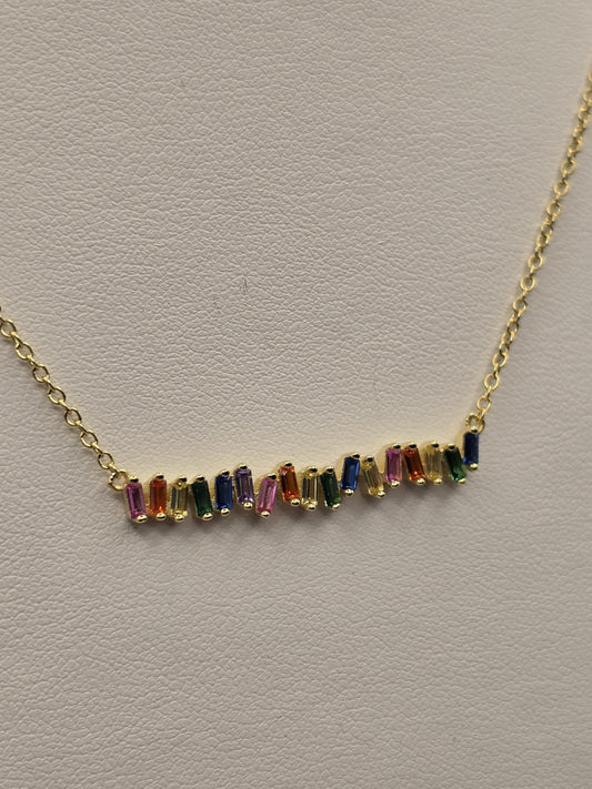 Gold Plated Sterling Silver Rainbow Bar Necklace, Multicolor Baguette CZ 925