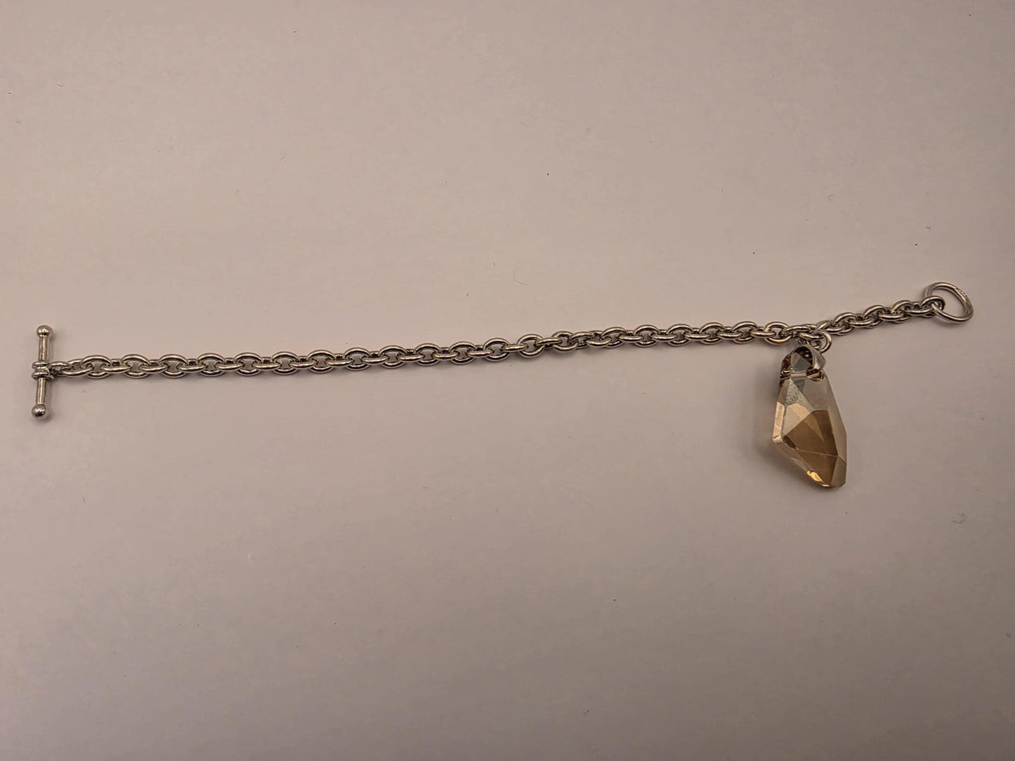 Sterling Silver Cable Chain Bracelet — Large Faceted Crystal Drop Charm Toggle Clasp 925
