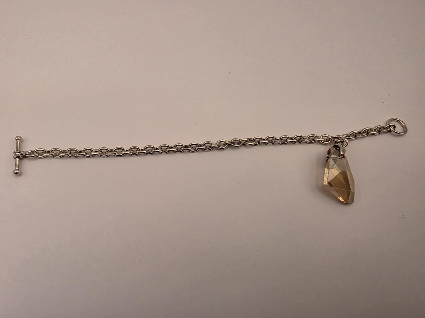 Sterling Silver Cable Chain Bracelet — Large Faceted Crystal Drop Charm Toggle Clasp 925