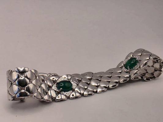 Sterling Silver Scale Mesh Bracelet — Green Cabochon Station Wide Cuff 925