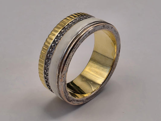 Gold Silver Two Tone Band Ring — Textured Accent Strip Size 7