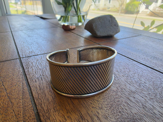 925 Sterling Silver Diagonal Cuff Bracelet | Wide 1.125" | Line Engraved | Heavy 20g