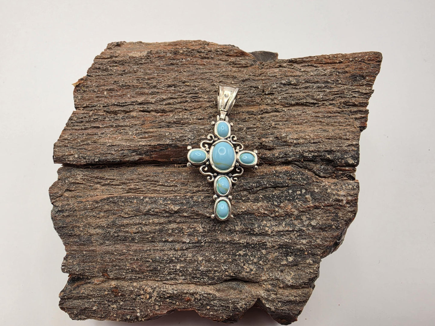 925 Sterling Silver Turquoise Cabochon Cross Pendant | 5 Stone | Scrollwork | 1"