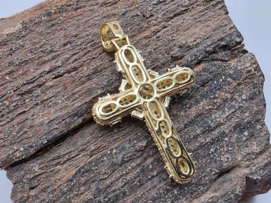 Gold Plated Sterling Silver Cross Pendant | Baguette Wrap Detail | Round CZ Pave | 1.5"