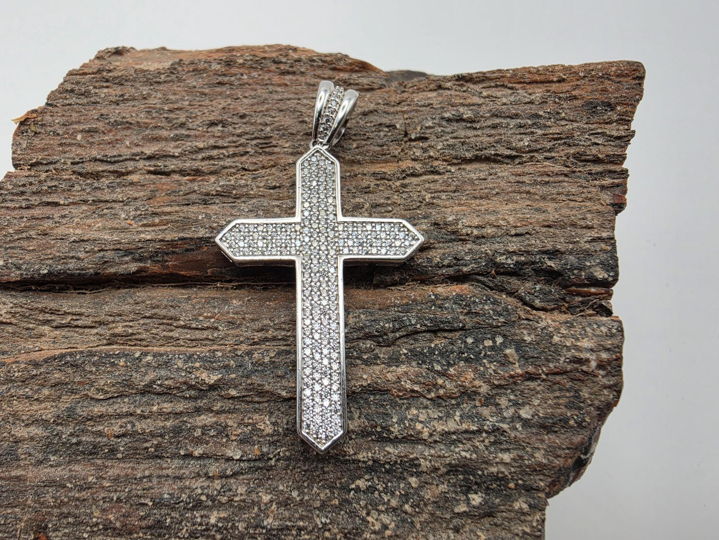 925 Sterling Silver Micro Pave Cross Pendant | Full CZ Coverage | Beveled Edge | 1.5"