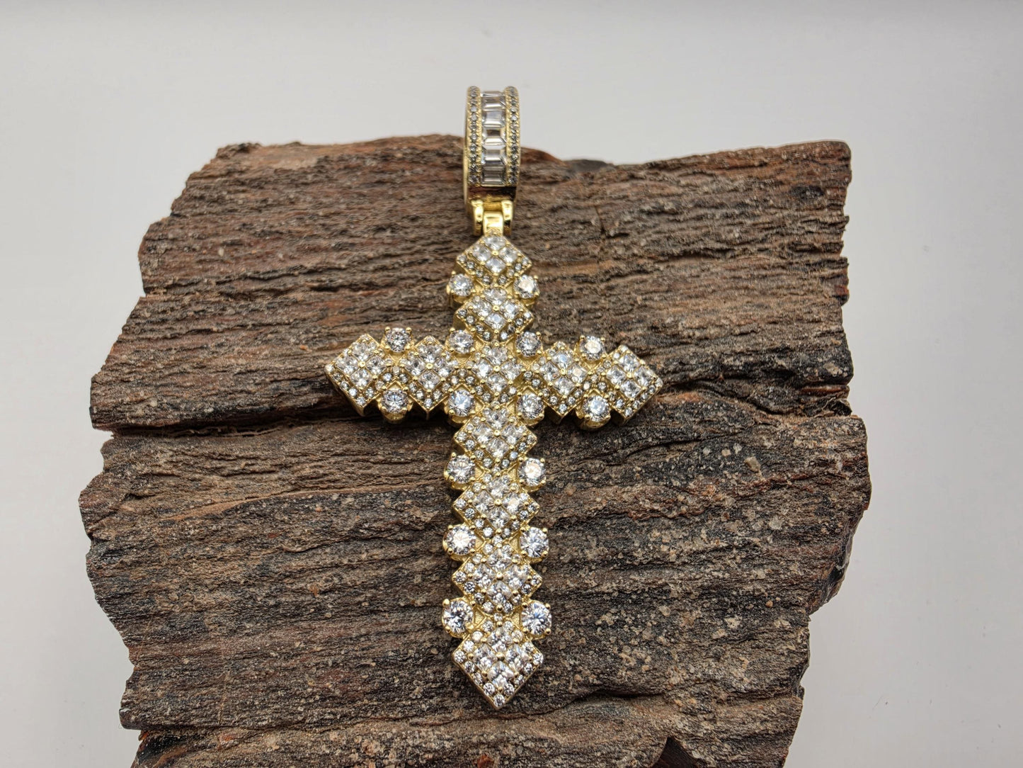 Gold Plated Sterling Silver Oversized CZ Cross Pendant | Large Round Prong Set | 2" Statement