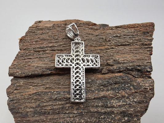 925 Sterling Silver Rope Texture Cross Pendant | Milgrain Border | Open Frame | 1.25"