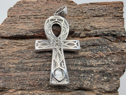 925 Sterling Silver Ankh Cross Pendant | CZ Pave Border | High Polish | 1.5"