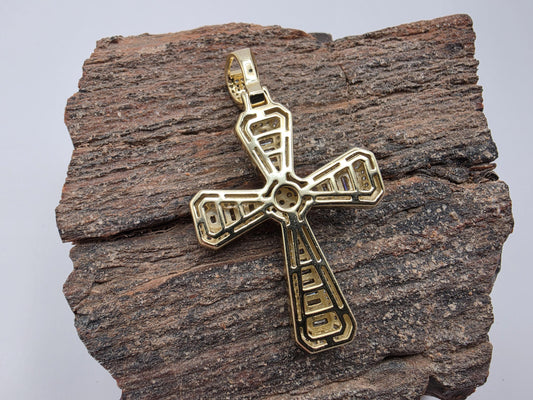 Gold Plated Sterling Silver Baguette Cross Pendant | Round Halo Center | Stepped Tips | 1.5"